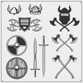 Viking set. Horned helmet, shield, sword and ax. Vintage style.ÃÂ°ÃâÃÅ Royalty Free Stock Photo